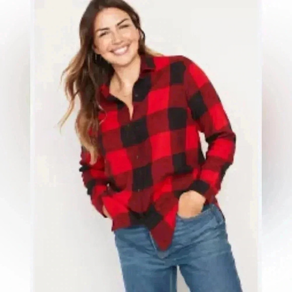 Old Navy Size Large Red Plaid Buffalo Print The Boyfriend Button Up Shirt Women - Picture 1 of 12